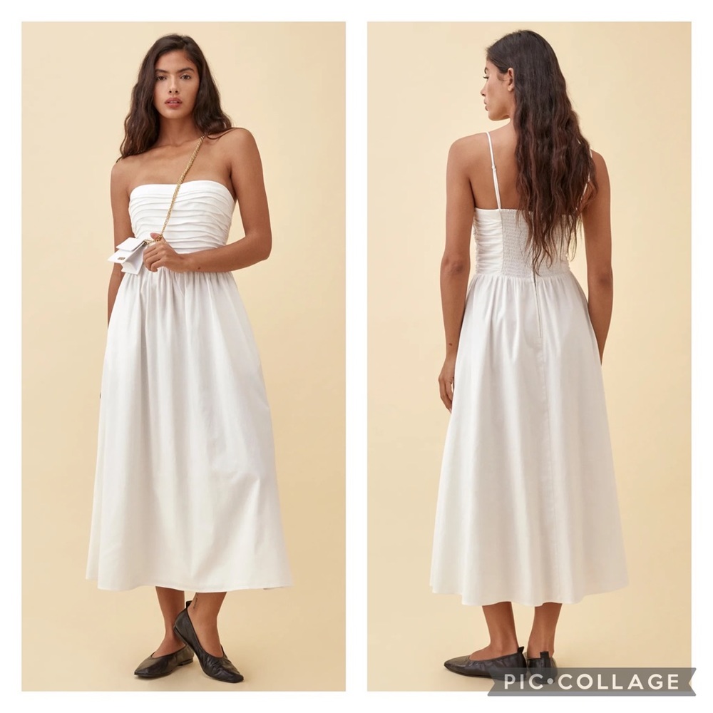 Reformation White Strapless Ruched Maxi Dress